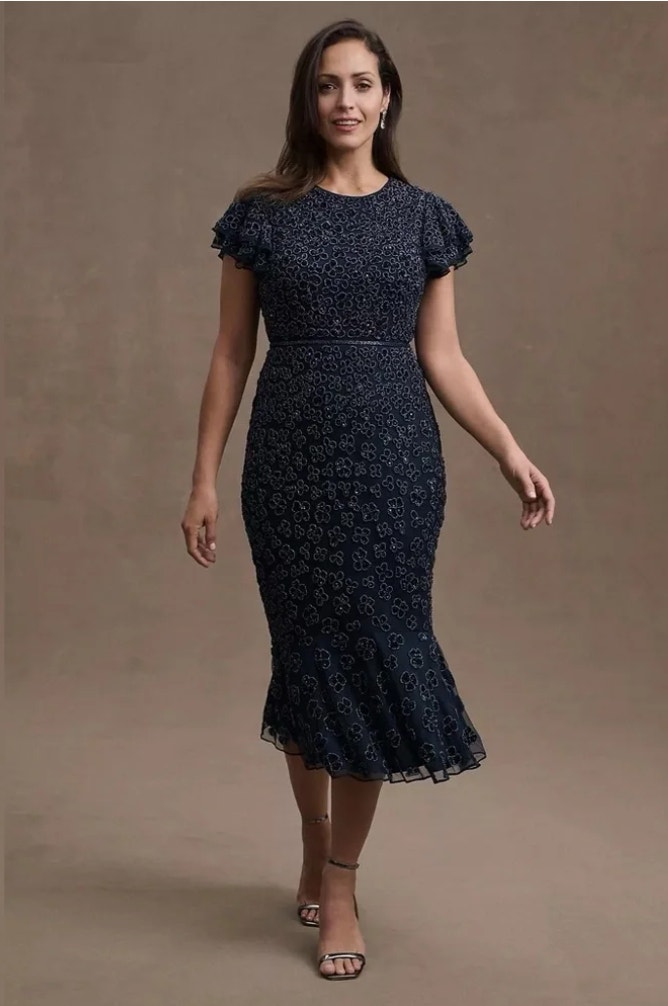 Mac Duggal Anthropologie Bhldn Maya Beaded Floral Midi Dress 2 Navy Blue 10771